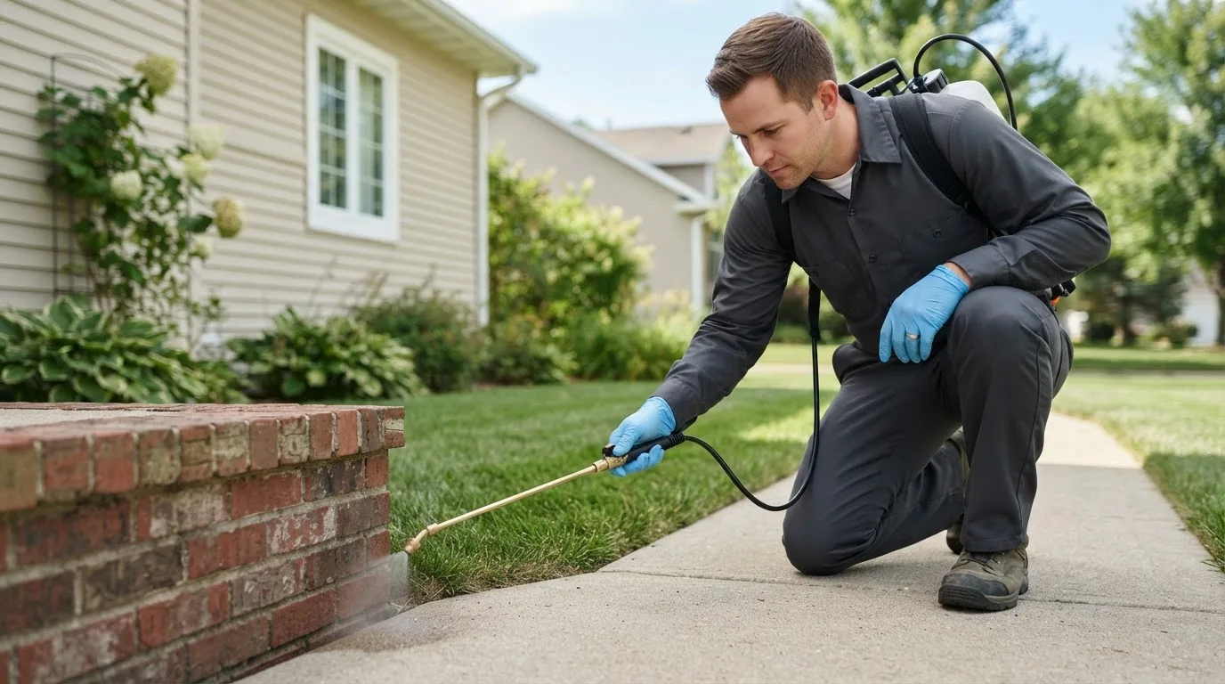 Pest control technician treating a home near Circle Pines, MN